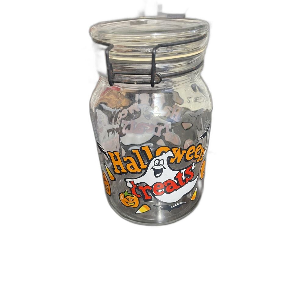 Vintage 1990 Halloween Glass Cookie Candy Jar Pumpkin Ghost Trick or Treat Decor